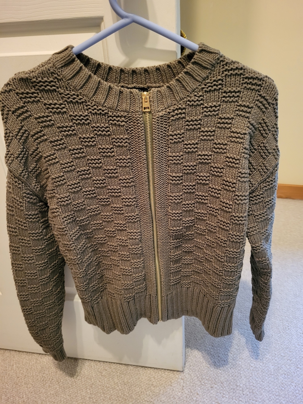 Talbots Taupe Zip-Front Textured Knit Cardigan